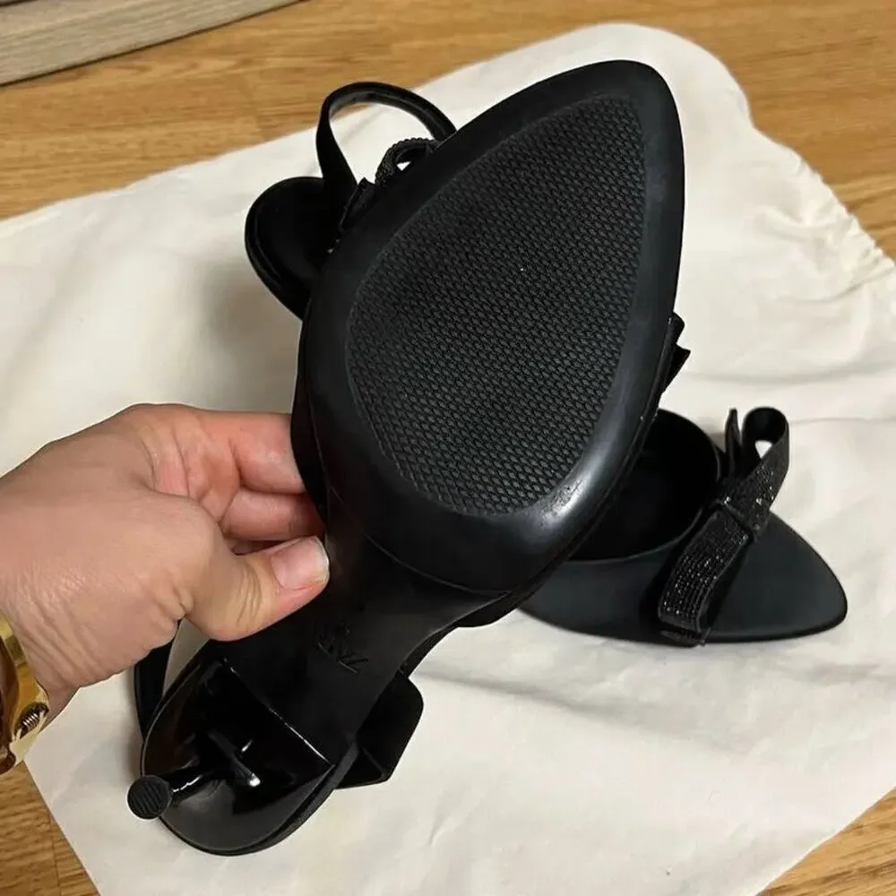 ZARA Embellished Slingback Bow Heels NWT — Size 8 Black Satin - Picture 12 of 16